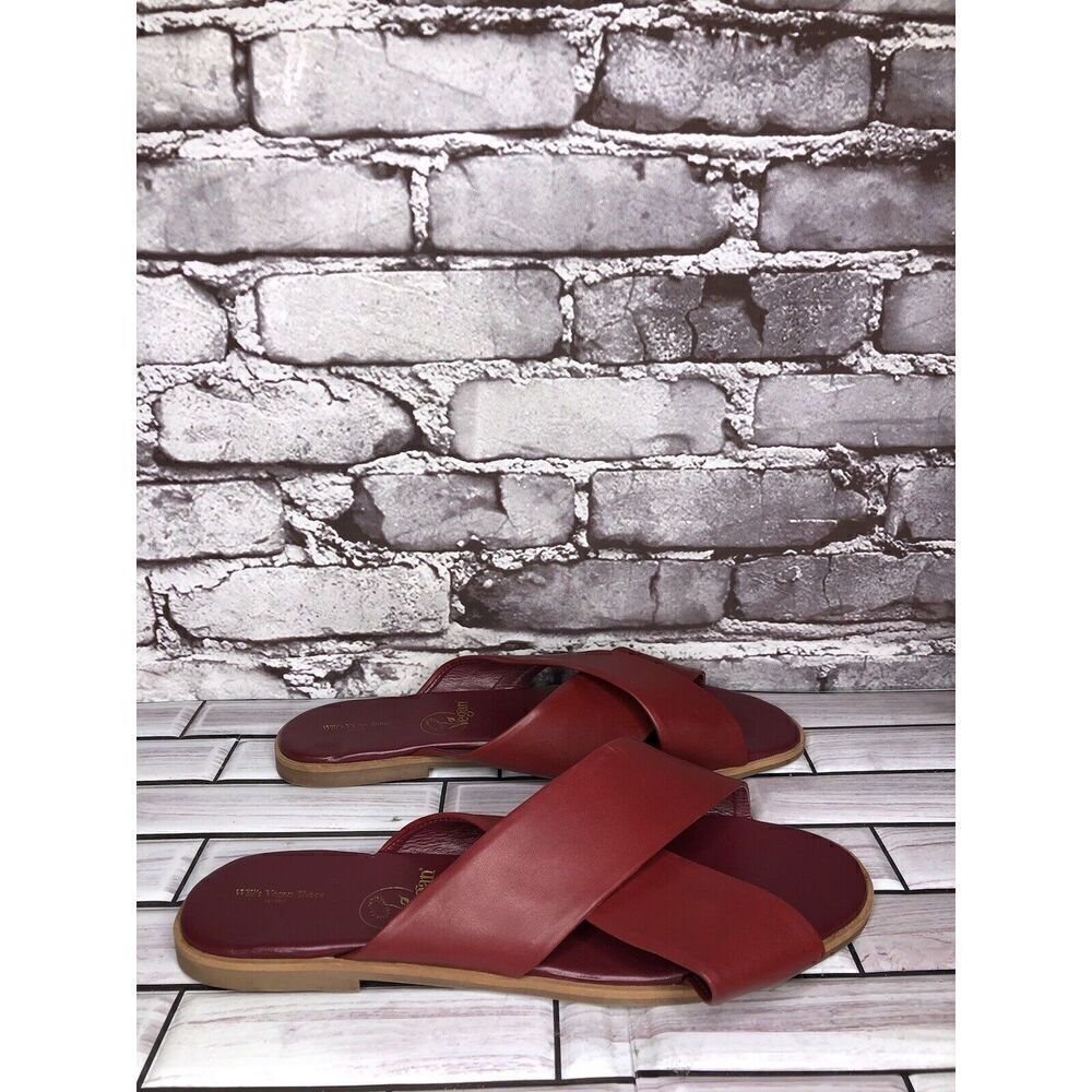 Will’s Vegan Shoes Red Burgundy Leather Slides Sandals Women’s Sz 41EU/10.5M US